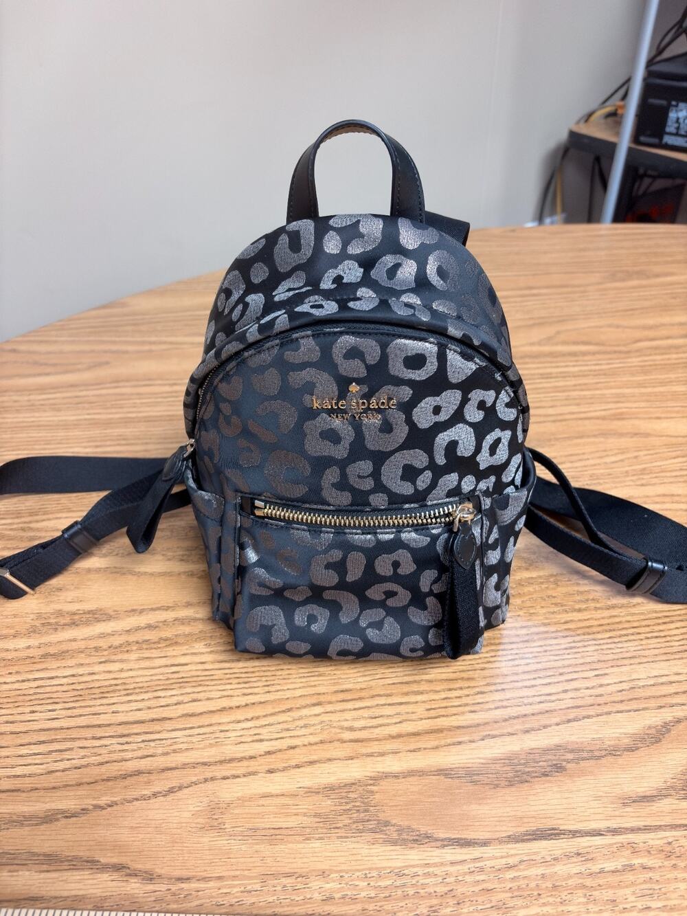 Kate Spade New York Mini Backpack Black Leopard Print Metallic Gold Women’s Bag